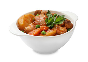 Delicious cooked stew in bowl isolated on white