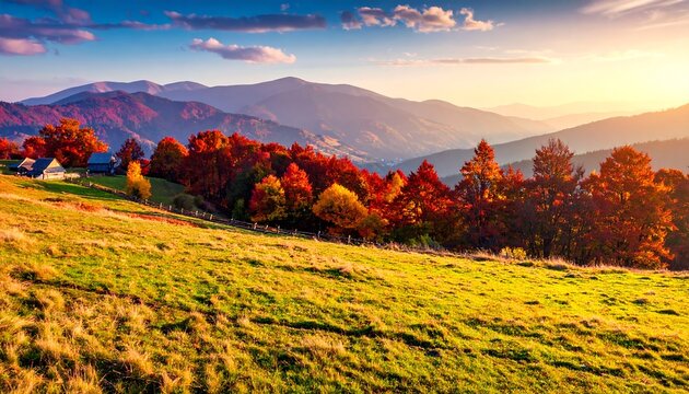 Colorful autumn landscape with mountains, green grass, and vibrant trees under a bright sky
