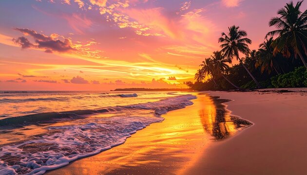 Golden sunset over a tropical beach with silhouetted palm trees and gentle waves reflecting the vibrant orange and pink sky - Powered by Adobe