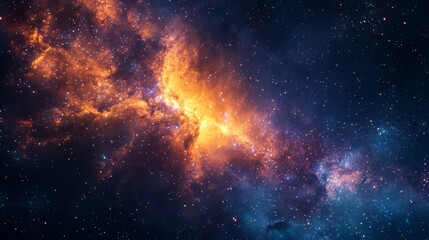 Naklejka premium A stunning view of a vibrant cosmic nebula in space. The colors blend beautifully to create an awe inspiring image that captivates the imagination. Generative AI