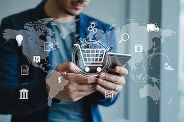 Global online shopping and e commerce business strategy using mobile app for international trade growth