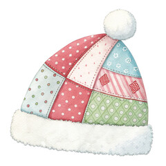 A cute patchwork Santa hat christmas illustration
