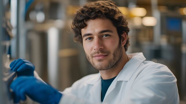 Lab technician wearing protective gloves adjusting bio-reactor with digital monitoring system, emotion of dedication visible, representing advanced biotechnology tackling pollution and global - Powered by Adobe