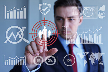 Business man targeting audience with data analysis and marketing strategy for sales growth success