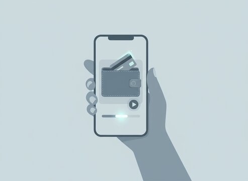 Hand holding smartphone with digital wallet and credit card on screen.