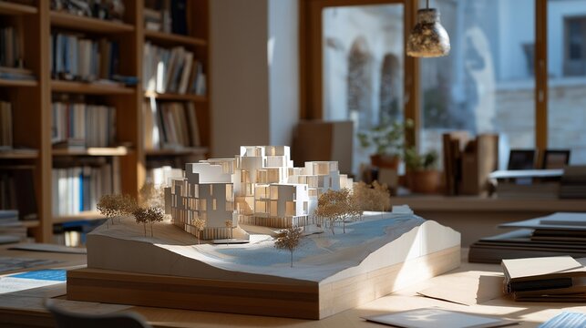 A small-scale model of a new residential neighborhood displayed in an architect’s office, representing vision, project presentation, and design aesthetics. cinematic color correction, natural
