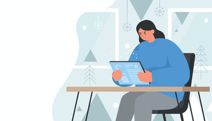 Upset woman studying financial data on a tablet working remotely during the cold winter season