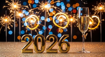 Concise Phrase: Luxurious gold 2026 New Year's celebration with champagne, dynamic long exposure light trails, and festive fireworks bokeh.