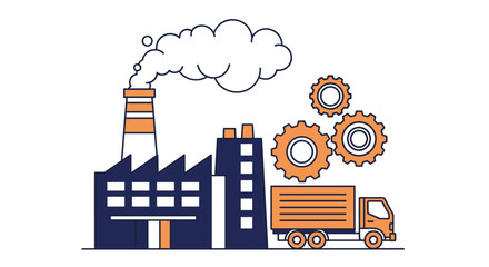 Factory truck and gears illustration representing manufacturing logistics supply chain and production