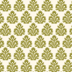 Seamless folk art pattern with a traditional stylized floral motif, similar to Buta or Slavic embroidery. This rhythmic design in elegant olive green on a pale cream background is organic and classic.