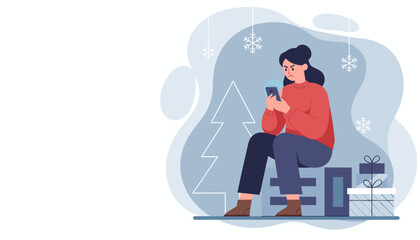 Angry woman using smartphone during winter holidays Stress communication problems or digital frustration