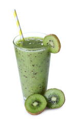 Tasty smoothie in glass and cut kiwi isolated on white