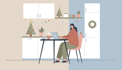 Remote worker using laptop in a cozy holidaydecorated kitchen enjoying coffee