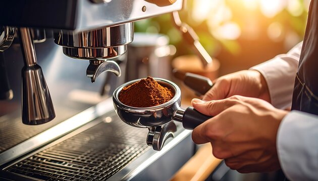 Close-up of hands holding a portafilter filled with ground coffee next to an espresso machine, warm sunlight filtering