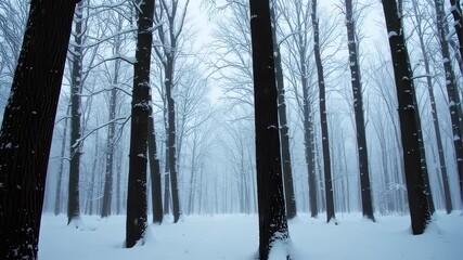 A snow-covered forest, dense with bare trees, creating a moody and atmospheric scene in a winter landscape - Powered by Adobe