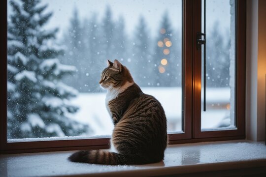 Eine Katze schaut nachdenklich aus dem Fenster auf den Schnee