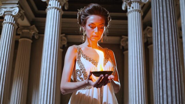 Woman holds flame in temple. Ritual ceremony shows gown and columns. Ancient goddess figure stands by altar. Dramatic lighting highlights sacred ritual and ceremonial atmosphere. Mood solemn