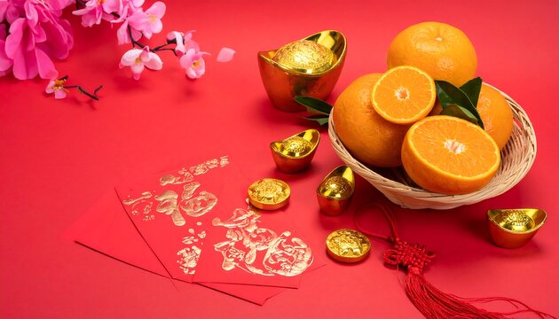 Chinese New Year still-life Gold ingots, oranges, red envelopes, cherry blossom on a vibrant red background