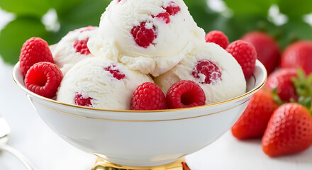 White ice cream with raspberries and strawberries in a bowl raspberry strawberry