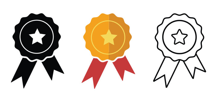 Award medal icon set. Winner or victory badge medal. Contains approved, verified, certified, star, achievement, and first medal. Vector illustration