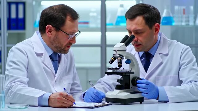 Two scientists in lab coats analyze samples with a microscope, one writes