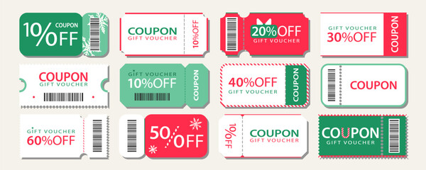 Collection of Christmas Discount Coupons and Gift Vouchers, Set of Templates