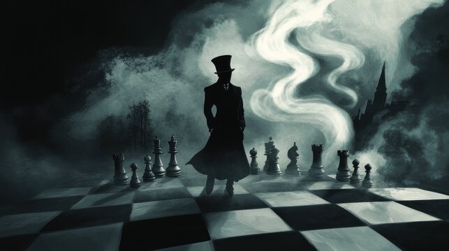 Strategic Shadows, A Chessboard Duel Underneath a Misty Sky Backdrop
