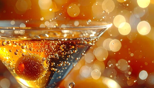 Close up of a drink with an olive and bubbles, glittering gold background with bokeh lights