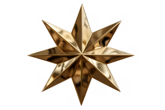 Golden eight-pointed star design, bright shiny metal rendering, abstract symbol on transparent background