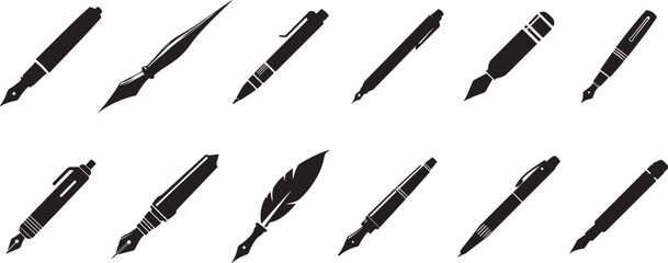 Collection of stylized writing instruments including fountain pens, ballpoint pens, and a quill