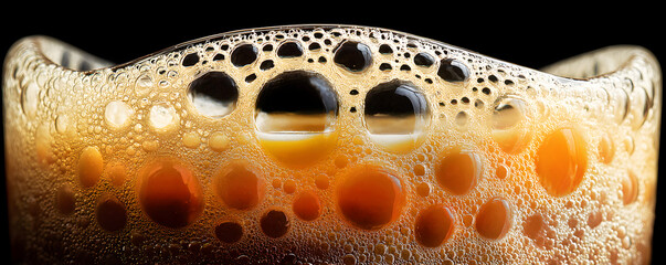 Macro Shot of Beer Foam in a Glass on a Black Background. Close-up of Beer Bubbles.