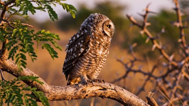 A majestic wild owl, possibly a juvenile, stands perched attentively on a sturdy tree branch, its striking patterned feathers creating a beautiful contrast. The bird's large, piercing yellow eyes gaze