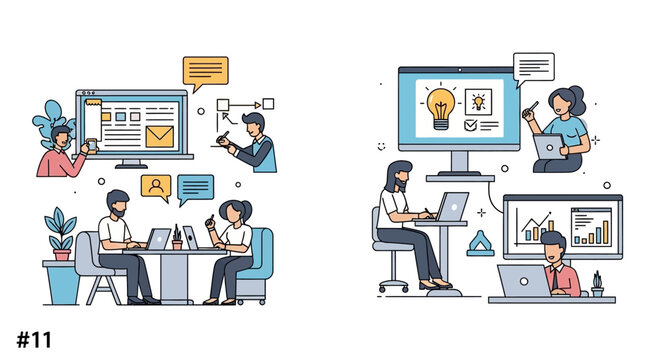Illustrative depictions of modern office collaboration and digital brainstorming session  processes