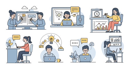 Diverse group of professionals collaborating remotely through various digital platforms