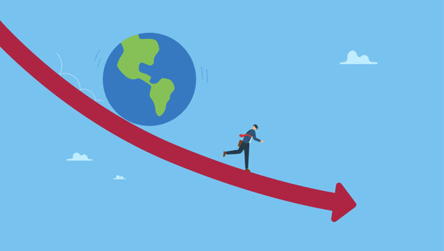 Frustrated businessman investor run away from falling down earth. World economic recession, global financial crisis or international stock market crash, investment asset fall down, decline.