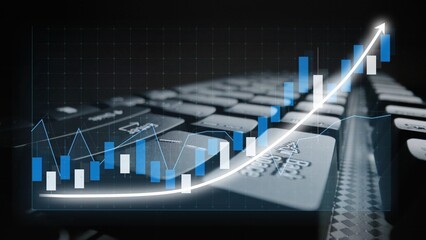 This image captures a keyboard with a financial growth chart overlay, illustrating rising trends in data analytics and investment performance for business strategies. Copula
