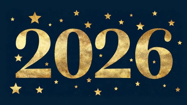 Golden 2026 celebration with stars on dark blue background