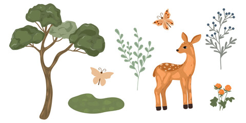 Forest clipart set. Deer, tree, butterfly, cloudberry, branch. Hand drawn nature elements 