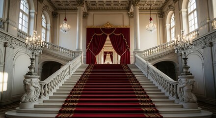 Concise Phrase: Opulent palatial grand staircase with dramatic red carpet, gold trim, marble columns, and classical statues.