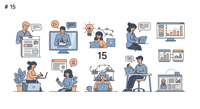 Collection of stylized illustrations depicting remote work collaboration and communication - Powered by Adobe