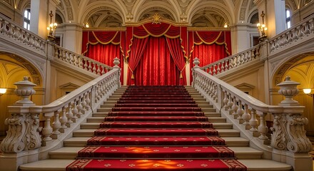 Concise Phrase: Opulent palatial grand staircase with dramatic red carpet, gold trim, marble columns, and classical statues.