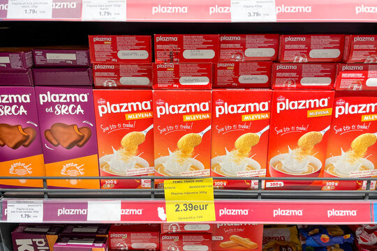 Bar, Montenegro, 17 October 2025, Plazma cookies sweets snacks on supermarket