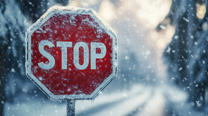 Stop sign covered in snow during winter snowfall in a forest  