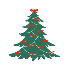 Christmas tree decorated with red bows and white garland for festive celebrations. Perfect for festive events and gatherings. Hand drawn flat design vector illustration.