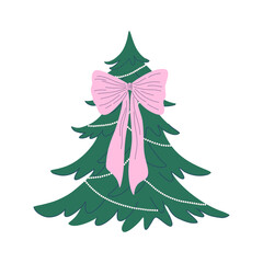 Christmas tree decorated with big pink coquette bow. Festive Xmas design element. Holiday coniferous tree. Traditional symbol. Flat design hand drawn vector illustration.
