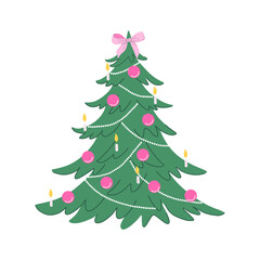 Festive Christmas tree decorated with bow, pink baubles, candles, and garland. Holiday fir tree. Winter design element. Traditional symbol. Flat design vector illustration.
