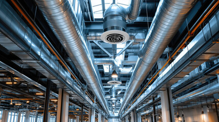 Modern Industrial Space with Metallic Ductwork and High Ceilings: A View of HVAC Systems and Structural Elements in a Contemporary Facility