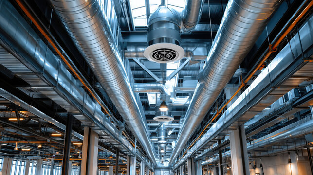 Modern Industrial Space with Metallic Ductwork and High Ceilings: A View of HVAC Systems and Structural Elements in a Contemporary Facility