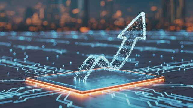 Stunning digital arrow soaring upwards showcasing business growth in a futuristic setting