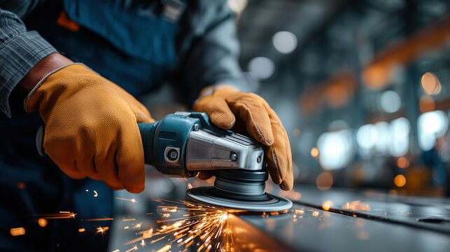 Detail of a Craftsman Using an Angle Grinder to Shape Metal, Sparks Flying Amidst a Workshop Environment. - Powered by Adobe